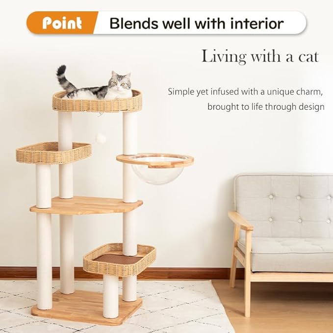 48'' Cat Tree for Large Cats, Modern Cat Tree Multi-Level Condo with Natural Wood, Cat Activity Centre for Medium and Big Pets (White LS02)-PawvioPets