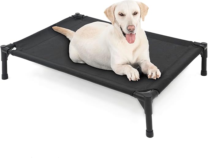 Elevated Dog Bed for Large Dogs, Raised Dog Cot Fits Up to 120 LBs, Heavy Duty Pet Cots with Durable Supportive Teslin Recyclable Washable Mesh, Indoor & Outdoor Pet Bed, Black-PawvioPets