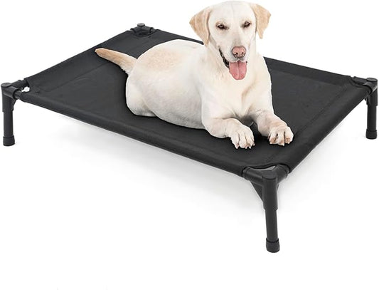 Elevated Dog Bed for Large Dogs, Raised Dog Cot Fits Up to 120 LBs, Heavy Duty Pet Cots with Durable Supportive Teslin Recyclable Washable Mesh, Indoor & Outdoor Pet Bed, Black-PawvioPets