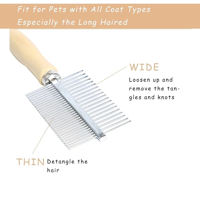Dog Cat Pet Comb Double-Sided Grooming Brush Metal Comb for Loosening up Removing Mats Debris Tangles and Knots Wooden Handle Stainless Steel Tooth Perfect for Honghair Pets-PawvioPets