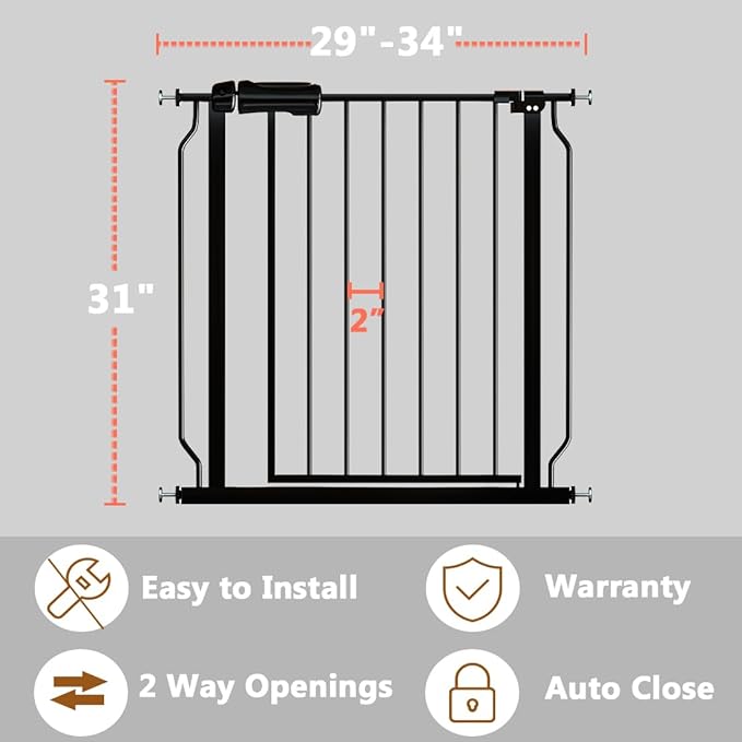 Fairy Baby Walk Through Black Baby Gate 29-34 Inch Wide, Pressure Mounted Safety Gate with Door No Drill, Tension Metal Gate for Dog and Toddler-PawvioPets