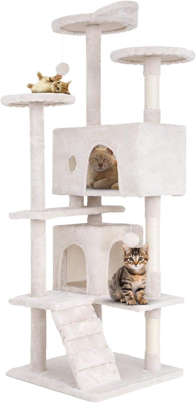 54.7 inches Cat Tower for Indoor Cats, Multi-Level Cat Condos with Scratching Posts, Hanging Toys, Beige-PawvioPets
