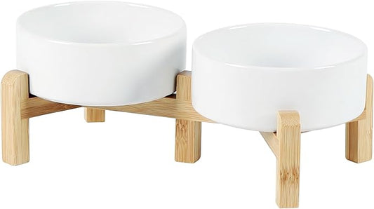 Ceramic Raised Double Bowls Set with Stand, 2 Heights Elevated, Food & Water Bowls for Small Breed Dogs, Cats, Kitty, Weighted Dog Dishes, Pet Bowls(5.1'',13.5oz, White)-PawvioPets