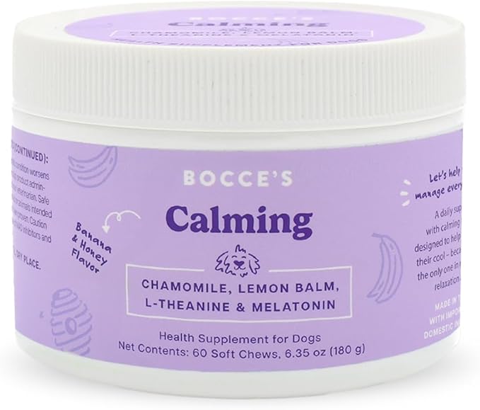 Bocce's Bakery Calming Supplement for Dogs, Daily Chews Made in The USA with Chamomile, Lemon Balm, L-Theanine & Melatonin, Supports Stress, Peanut Butter & Honey, 60 ct-PawvioPets