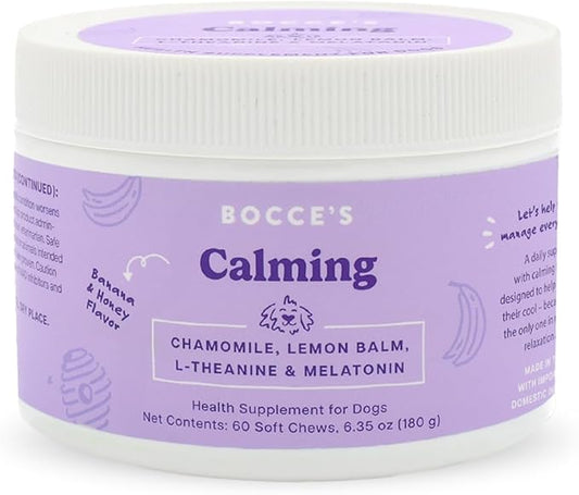 Bocce's Bakery Calming Supplement for Dogs, Daily Chews Made in The USA with Chamomile, Lemon Balm, L-Theanine & Melatonin, Supports Stress, Peanut Butter & Honey, 60 ct-PawvioPets