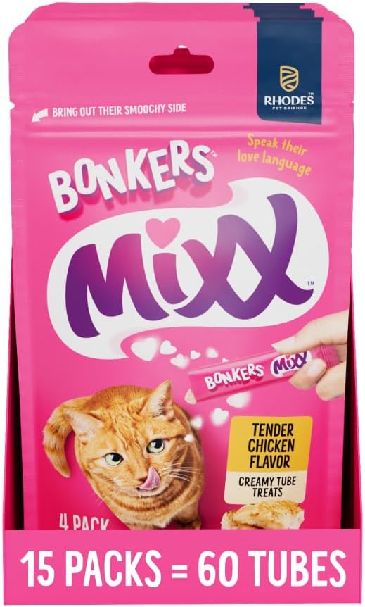 BONKERS Mixx, Wet Lickable Tube Tender Chicken Flavor Cat Treats, Real Meat Treats, Treats for Training or Food Topper, for All Breeds and Ages, Value Pack (15 Pack, 60 Tubes)-PawvioPets