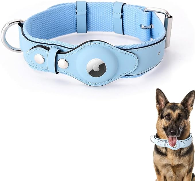 AirTag Dog Collar Soft Leather Webbing Dog Collar for AirTag Provides Double Protection for Small Medium and Large Dogs(Blue,S)-PawvioPets