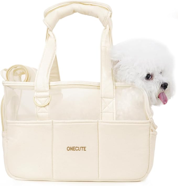 Dog Purse Carrier for Small Dogs Rabbit cat with Large Pockets, Cotton Bag, Dog Carrier Soft Sided, Collapsible Travel Puppy Carrier (Beige Breathable, 17.0" L x 7.5" W x 12.0" H)-PawvioPets