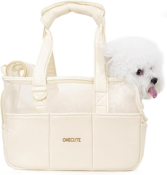 Dog Purse Carrier for Small Dogs Rabbit cat with Large Pockets, Cotton Bag, Dog Carrier Soft Sided, Collapsible Travel Puppy Carrier (Beige Breathable, 13.6" L x 6.5" W x 10.0" H)-PawvioPets