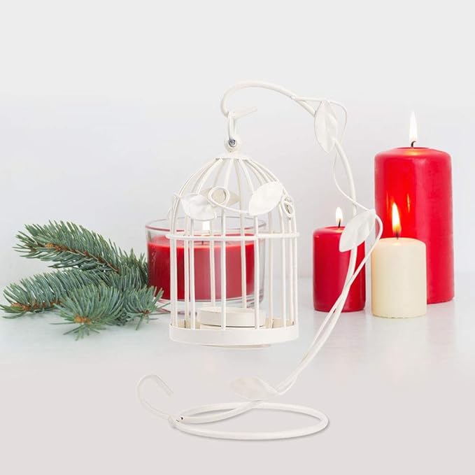 Birdcage Candle Holder, Hanging Candle Holder Decorative Bird Cages Bird Cage Decor Vintage Metal Candlestick for Wedding, Party(White)-PawvioPets