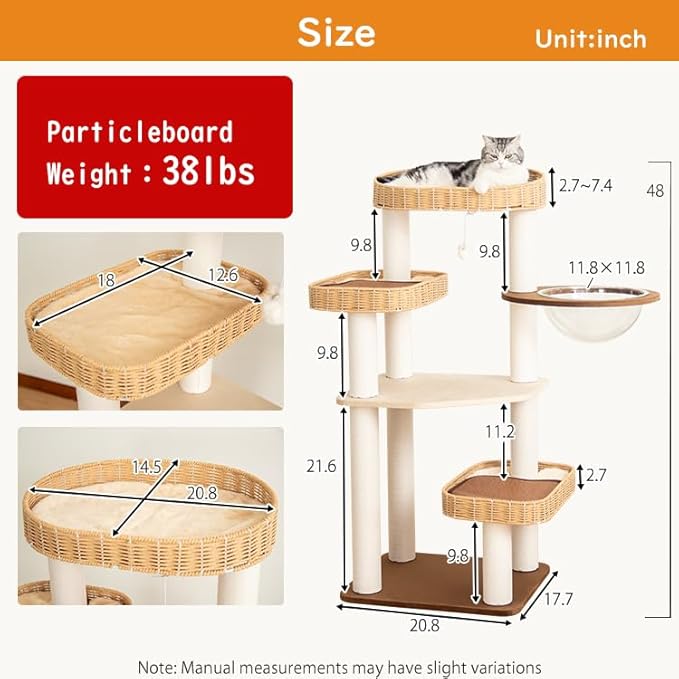 48'' Cat Tree for Large Cats, Modern Cat Tree Multi-Level Condo with Natural Wood, Cat Activity Centre for Medium and Big Pets-PawvioPets