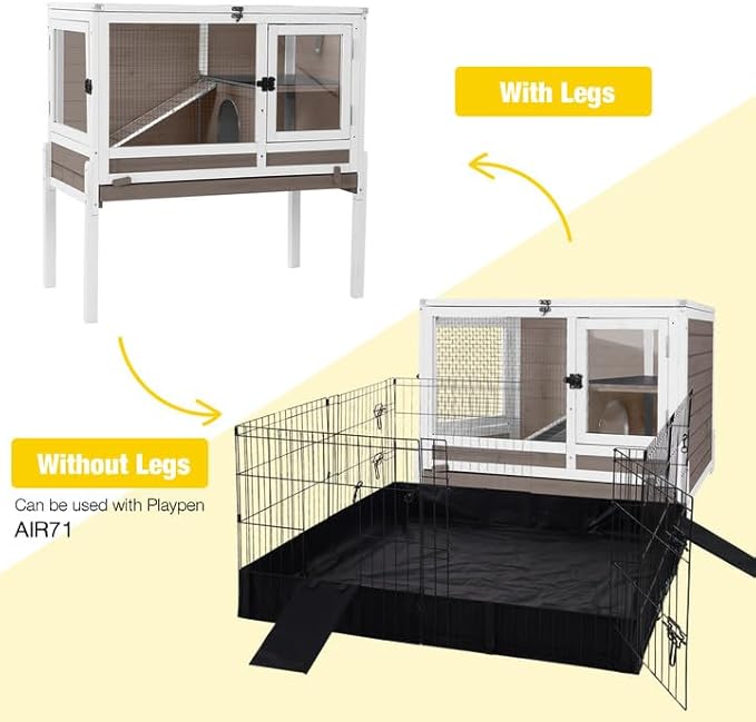 Aivituvin Wooden Guinea Pig Cages Indoor with Removable Stand, Anti Chewing Rabbit Hutch with Ramp and Wire Mesh, 2 Story Small Animals House Habitat with Pull Out Tray (Brown)-PawvioPets