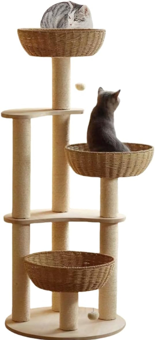 54" Large Modern Cat Trees, Luxury Rattan Oak Solid Wood Cat Trees Towers，3 Weaving Cat Nests & Washable Cool Cushions, Sisal Scratching Posts,Cat Condo for Indoor Cats- Wood Wax Oil Version-PawvioPets