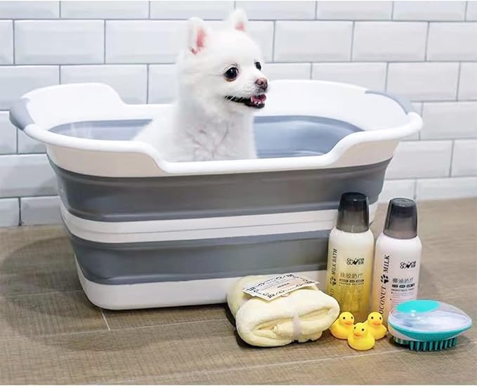 Collapsible Pet Bathtub, 7.1 Gal (27L) - Foldable Bathing Tub with Drain Plug for Dogs & Cats Under 30 lbs - Multi-Use as Laundry Basket, Storage Organizer, Camping Sink (Grey)-PawvioPets