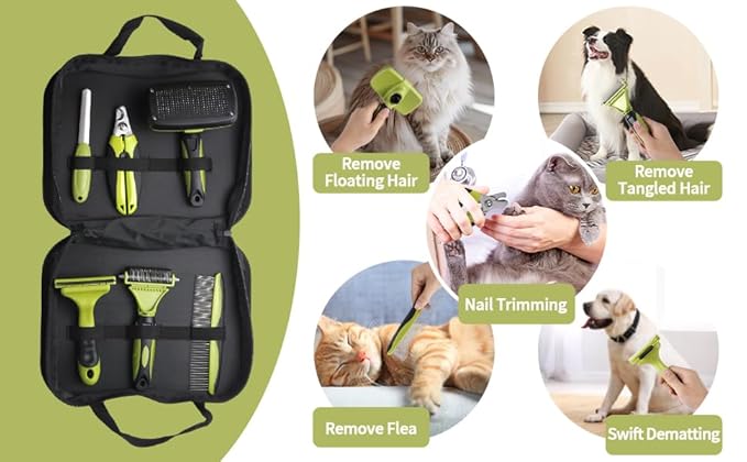6 PCS Dog and Cat Grooming Kit, Versatile Tools Including Shedding Brush, Nail Clipper with Nail File, Slicker Brush, Dematting Comb-PawvioPets