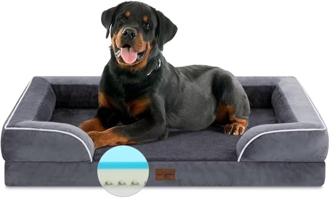 Comfort Expression Cooling Dog Bed, Jumbo Dog Bed for Extra Large Dogs, Memory Foam Orthopedic Bed, Large Breed Dogs, Waterproof Beds with Bolster & Removable Cover(Jumbo,Leaden Grey)-PawvioPets