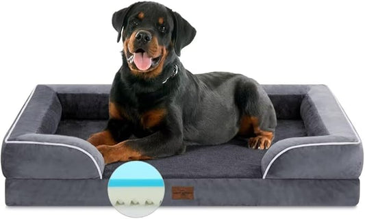 Comfort Expression Cooling Dog Bed, Jumbo Dog Bed for Extra Large Dogs, Memory Foam Orthopedic Bed, Large Breed Dogs, Waterproof Beds with Bolster & Removable Cover(Jumbo,Leaden Grey)-PawvioPets