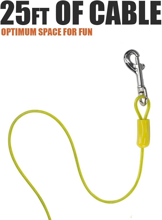 BV Dog Tie Out Cable 25 Feet - Heavy Duty Dog Lead Up to 35 Pounds - Reflective & Rust-Free with Quick Release Swivel Clips & 360° Rotating Clasp - Tangle-Free Dogs Runner for Yard (Yellow, Single)-PawvioPets