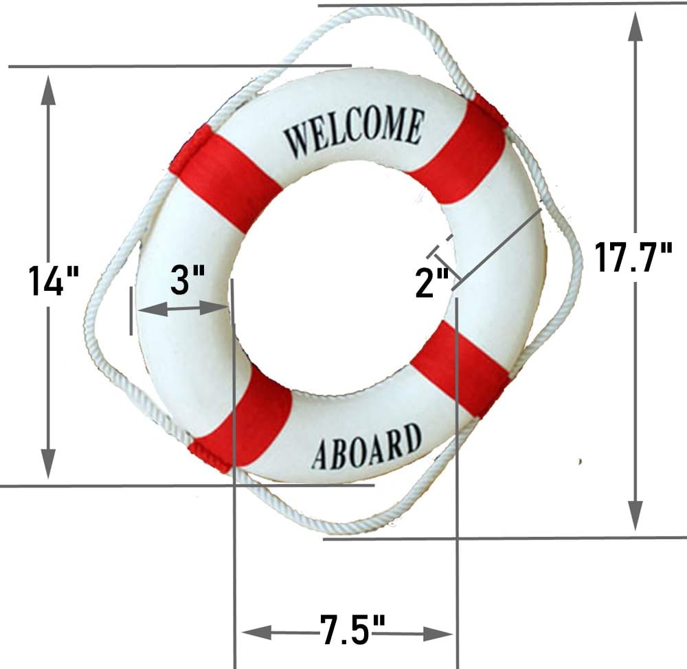 MorroMorn Lifebuoy Wall Hanging Decor - Welcome Aboard Mediterranean Style Home Decoration (Red, 14")