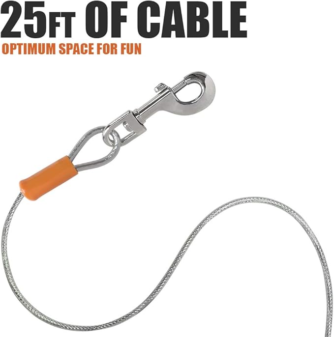 BV Dog Tie Out Cable 25 Feet - Heavy Duty Dog Lead up to 90 Pounds - Reflective & Rust-Free with Quick Release Swivel Clips & 360° Rotating Clasp - Tangle-Free Dogs Runner for Yard (Silver, Single)-PawvioPets