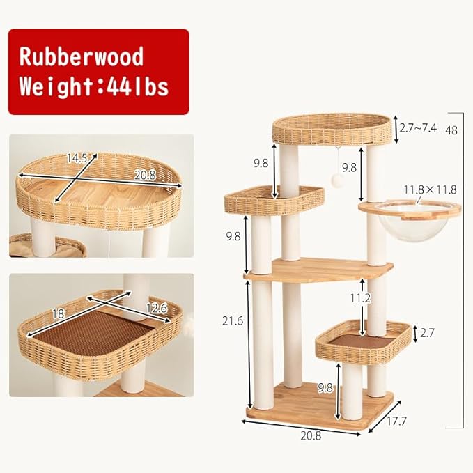 48'' Cat Tree for Large Cats, Modern Cat Tree Multi-Level Condo with Natural Wood, Cat Activity Centre for Medium and Big Pets (White LS02)-PawvioPets