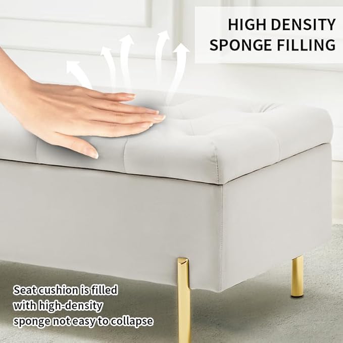 45.6 Inch Velvet Storage Bench Upholstered Tufted Settee Ottoman Bench with Storage, Bed End Bench with Soft Close Lid, for Bedroom, Living Room, Entryway, Rectangular Accent Bench, Beige-PawvioPets