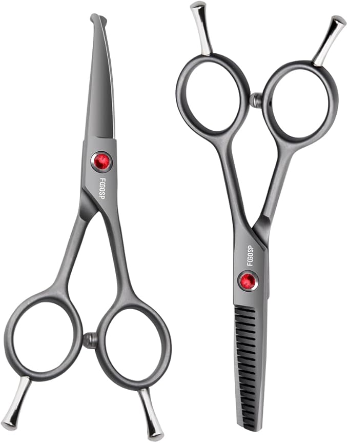 4.5" Dog Grooming Scissors - 2pcs Curved Scissors & Thinning Shears for Small Dog, Cat Face & Paws - Japan 440C (2Kit)-PawvioPets
