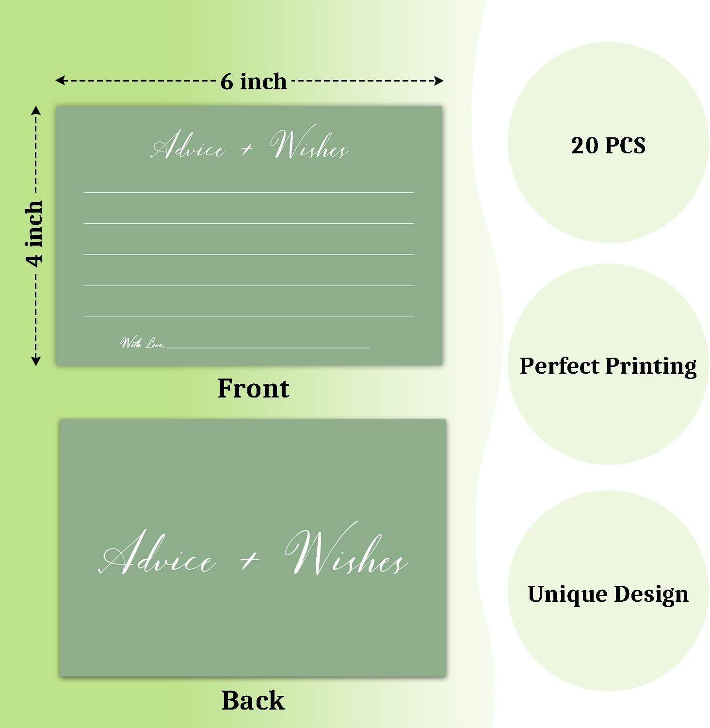 Green Advice And Wishes Cards, Advice Cards For Bridal, Wedding, Baby Shower, Mr And Mrs, Graduation, Wishes For Baby Cards Baby Shower, Pack Of 20 4x6 Cards Double Sided Print -03