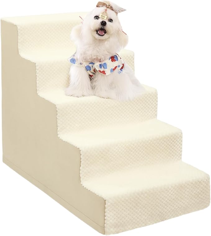 Dog Stairs for Small Dogs,22" H,5-Step Dog Steps for High Bed Couch and Sofa,Pet Stairs for Dogs and Cats Climbing with Non-Slip Bottom and Washable Cover,Beige-PawvioPets