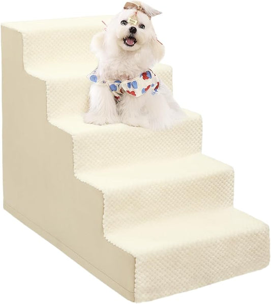Dog Stairs for Small Dogs,22" H,5-Step Dog Steps for High Bed Couch and Sofa,Pet Stairs for Dogs and Cats Climbing with Non-Slip Bottom and Washable Cover,Beige-PawvioPets