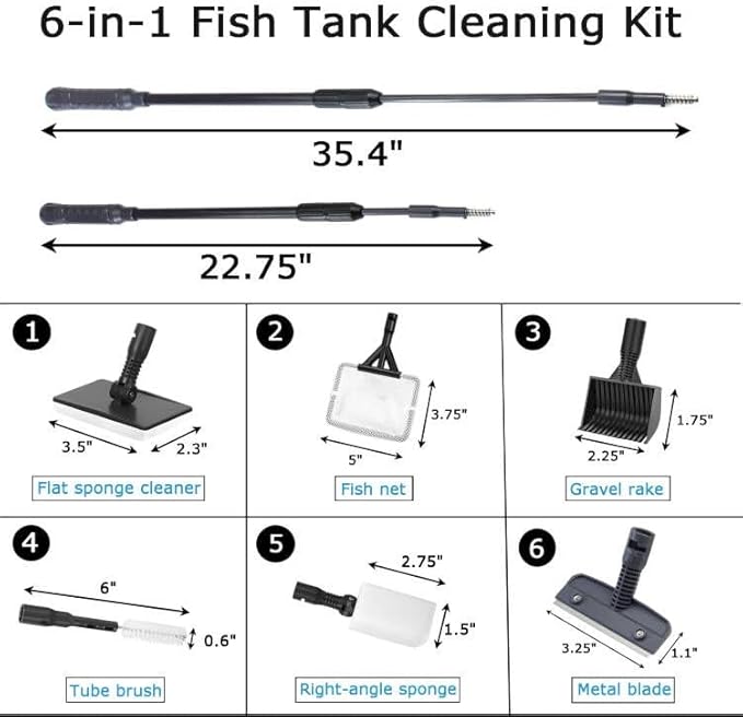AQUANEAT 6 in 1 Fish Tank Cleaning Tools, Aquarium Cleaner Set with Adjustable Handle, Including Algae Scraper, Sponge Pad, Fish Net, and Brush-PawvioPets