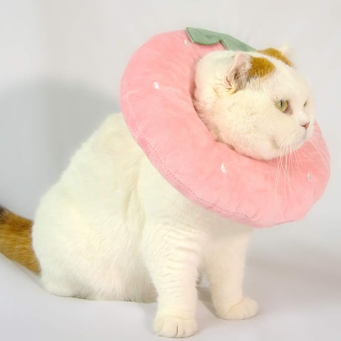 Adjustable Cat Recovery Collar Soft,Cute Pet E-Collar Neck Cone After Surgery Wound Healing Protective Cone Fit for Kitties, Small Dogs(ELC05-strawberry-s)-PawvioPets