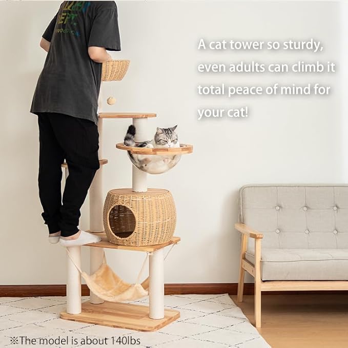 57'' Cat Tower for Large Cats, Manual Hand Woven Modern Multi-Level Condo with Natural Wood, Cat Activity Centre for Medium and Big Pets-PawvioPets