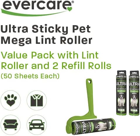 Evercare Ultra Sticky Pet Mega Lint Roller Value Pack with Lint Roller and 2 Refill Rolls, 50 Sheets Each-PawvioPets