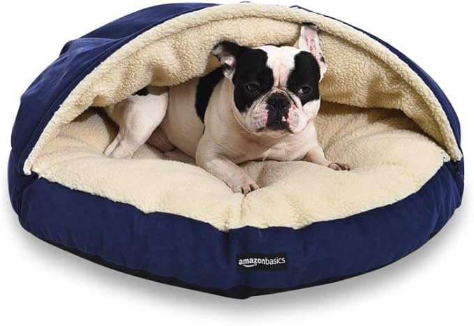 Amazon Basics Pet Cave Bed for Dog, With Removal Nesting Cave Cover, Fits up to 35lbs Pets, 30 x 30 x 12.5 inches, Blue-PawvioPets