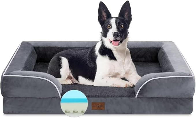 Comfort Expression Cooling Dog Bed for Large Dogs, Memory Foam Orthopedic Dogs Beds, Waterproof Washable Dog Beds with Removable Cover, Pet Bed Sofa with Bolster(Large,Leaden Grey)-PawvioPets