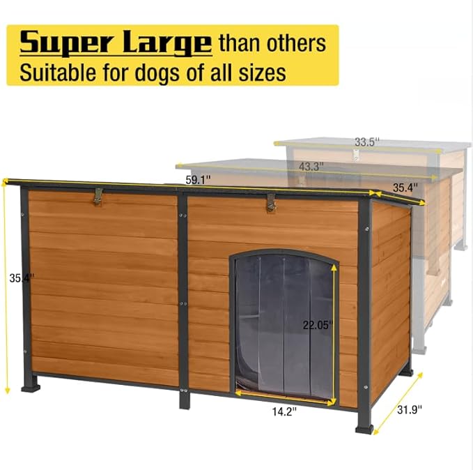 Aivituvin Dog House Outdoor 59" Extra Large Insulated Dog Kennel with Movable Insulation Liner,All-Around Iron Frame-PawvioPets