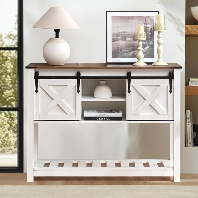 Entryway Table with Storage, Farmhouse Buffet Cabinet Coffee Bar Kitchen Island with Sliding Barn Doors & Shelves, Console Table for Kitchen, Dining Room, Living Room, White-PawvioPets