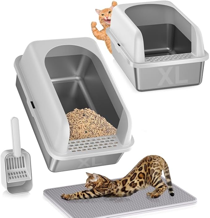 2 Pack Stainless Steel Litter Box, 24'' XL Extra Large Cat Litter Box with Lid, Metal Litter Boxes for Multiple Cats, Anti-Leakage,Non-Stick, Easy to Clean, Included Cat Litter Mat, Scoop-PawvioPets