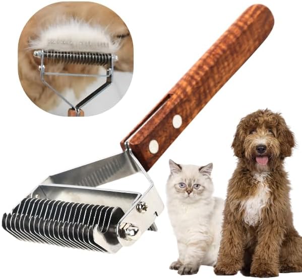 2 in 1 Dogs Cats Dematting Grooming Comb, Perfect Deshedding Undercoat Rake for Poodle & Goldendoodle, Efficiently Detangling Shedding Loose Hair & Matted Fur, All Long Haired Pet (Dark)-PawvioPets