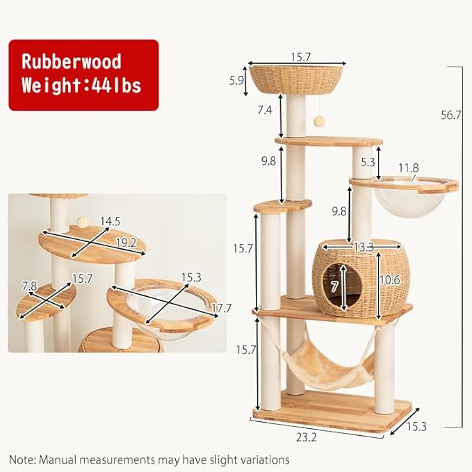 57'' Cat Tower for Large Cats, Manual Hand Woven Modern Multi-Level Condo with Natural Wood, Cat Activity Centre for Medium and Big Pets-PawvioPets