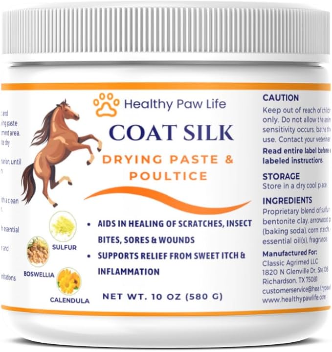 Coat Silk Drying Paste & Poultice for Horses – Natural Relief for Wounds, Scratches, Sores & Sweet Itch – Enriched with Sulfur, Boswellia & Calendula – 10 oz-PawvioPets