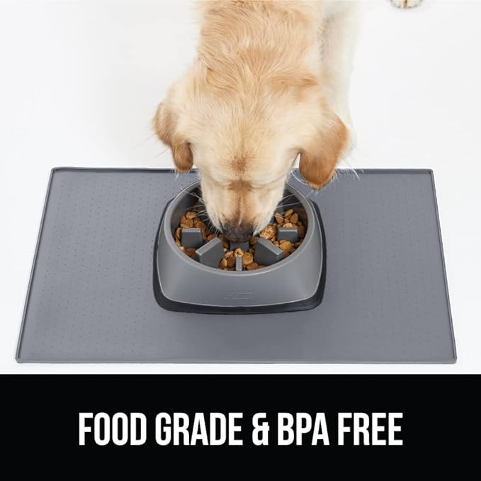 GORILLA GRIP 100% Waterproof Raised Edge BPA Free Silicone Pet Feeding Mat, Dog Cat Food Mats Contain Spills Protects Floors, Placemats for Cats and Dogs Water Bowl, Pets Accessories 18.5x11.5 Gray-PawvioPets