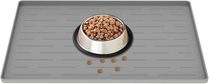 18" x 12" Dog Food Mat, Silicone Pet Mats for Food and Water, Nonslip Pet Feeding Mats for Floors, Dog Cat Bowl Mat with Raised Edges, Light Gray-PawvioPets