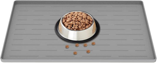 18" x 12" Dog Food Mat, Silicone Pet Mats for Food and Water, Nonslip Pet Feeding Mats for Floors, Dog Cat Bowl Mat with Raised Edges, Light Gray-PawvioPets