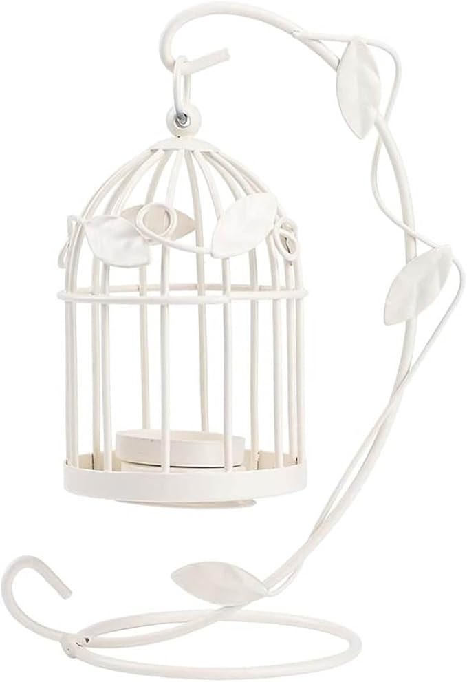 Birdcage Candle Holder, Hanging Candle Holder Decorative Bird Cages Bird Cage Decor Vintage Metal Candlestick for Wedding, Party(White)-PawvioPets