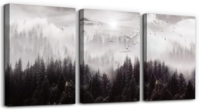 Framed Canvas Art - Boho Wall Decor Set of 3: Foggy Forest Trees Scenery for Living Room, Bedroom, Office, Farmhouse, Home Decoration-PawvioPets