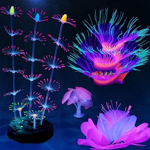 4 Pack Silicone Glowing Fish Tank Decorations Plants,Aquarium Fish Tank Glow Ornaments,Artificial Sea Anemone Coral Decor with Glowing Effect for Glow Fish Aquarium-PawvioPets