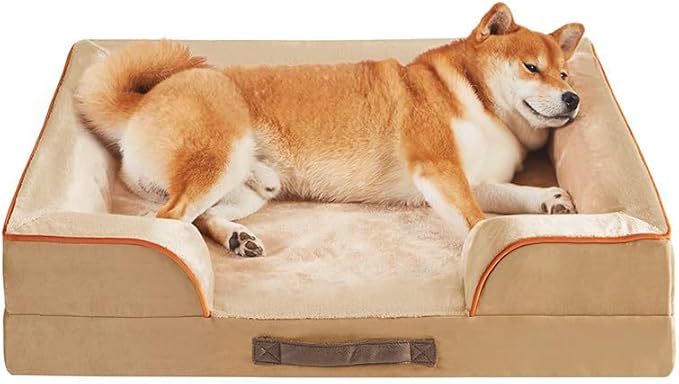 Friends Forever Orthopedic Dog Bed for Medium Dogs, Waterproof Memory Foam Dog Sofa Bed M with Removable Washable Cover, Ally Khaki, 28x23x6.5-PawvioPets