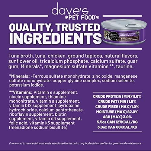 Dave's Pet Food Grain Free Wet Cat Food Gravy (Tuna & Chicken Dinner in Gravy), Naturally Healthy Canned, Added Vitamins, 5.5 oz Cans (24 Pack)-PawvioPets